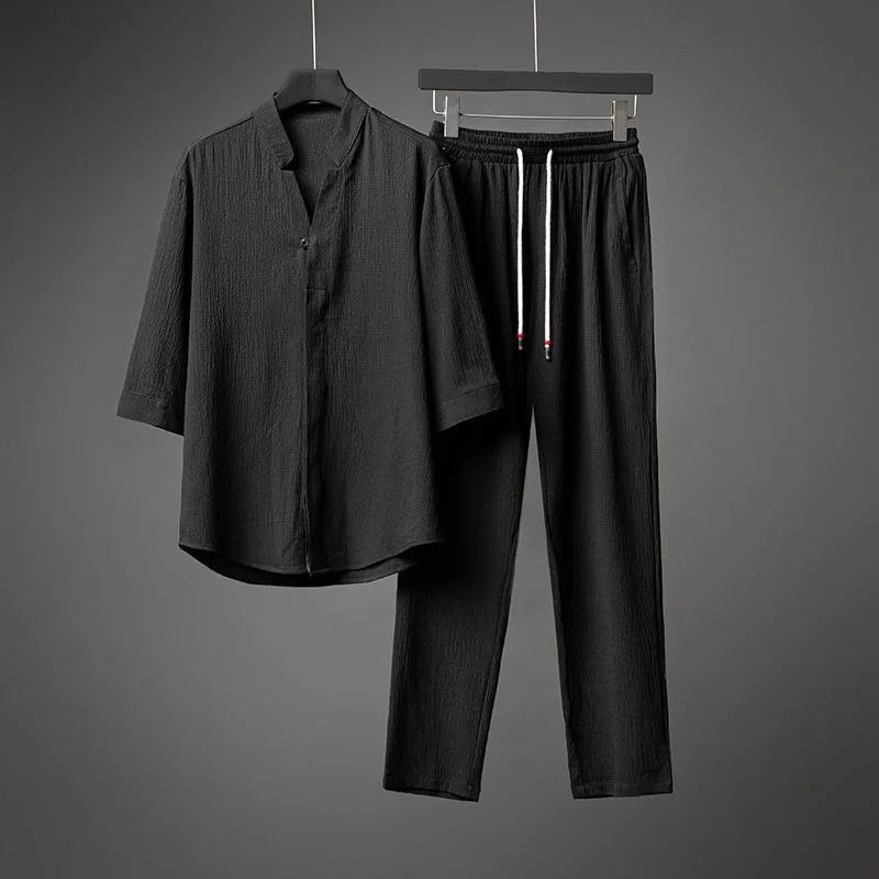 2025 Summer Popular Men's Plus Size Comfortable Casual Suit Men's Solid Color Street Suit Men's Fashion Two-piece Set