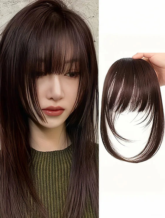 Synthetic Hair Clip-In Bangs Cut Wispy Fringe with Sideburns Dark Brown Natural Look for Women Daily Party Wear