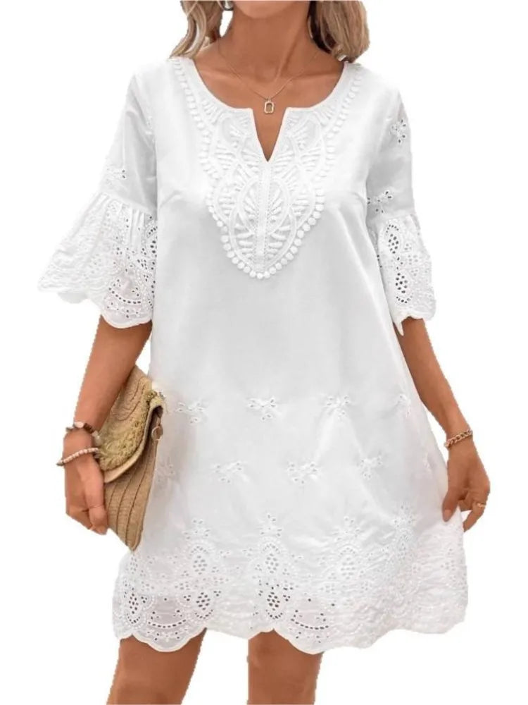 Fashion Casual Lace V-neck Short Sleeve Dress New Hollow Out Elegant Casual White Office Holiday Party Dresses Robe Femme Summer