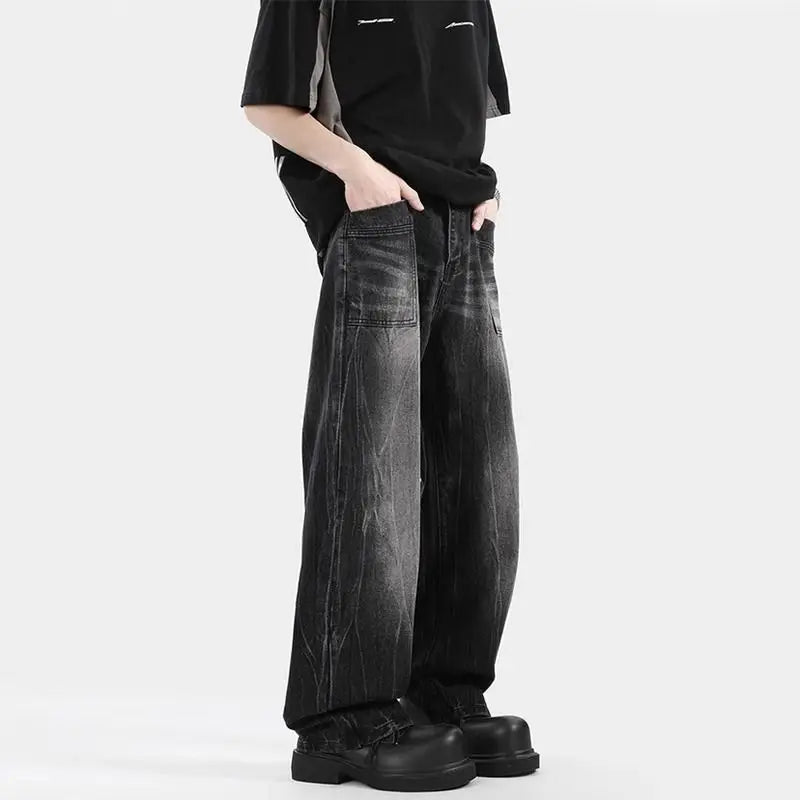 Retro Washed Cracked Jeans Men's Trendy Brand Ruffian Handsome High Street Pants Loose Straight Trousers Baggy Jeans for Man