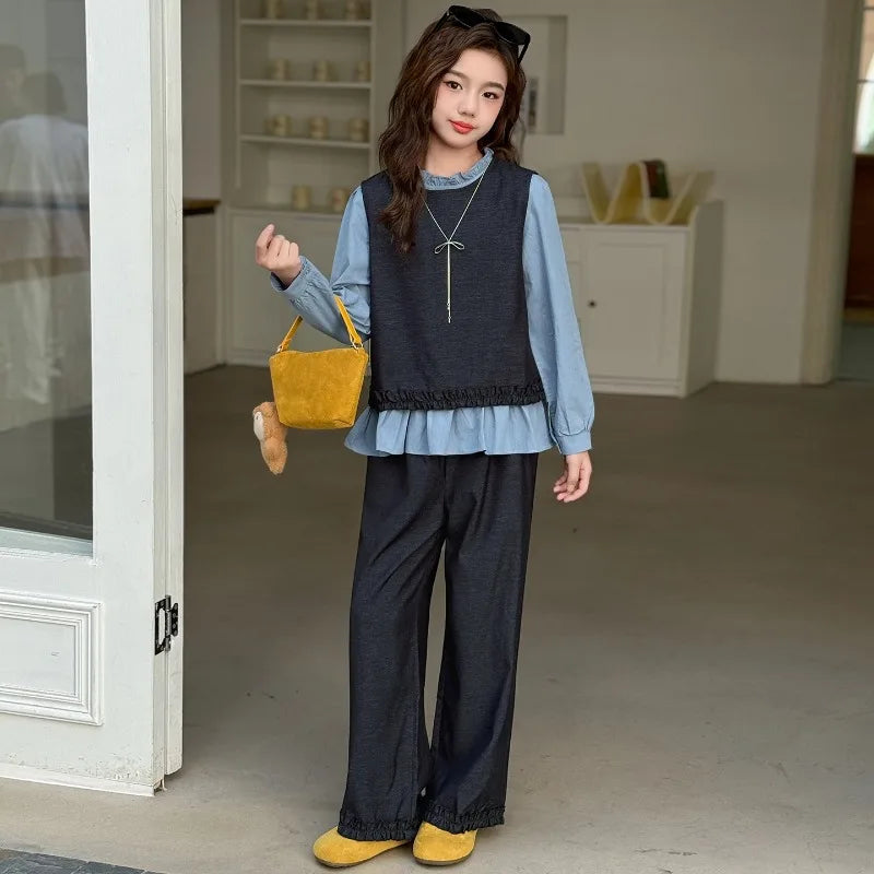 Back To School Clothing for Girls Outfits Set Toddler Kids Vest +Blue Shirt + Pants 3pcs Teens Kids Costumes Spring Autumn 2025