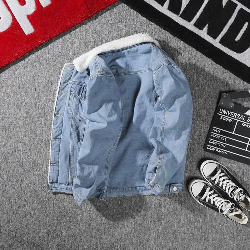 Men's Denim Jacket Autumn Winter Thickened Fleece Collar Cotton Jacket Loose Fit Warm Korean Style Lamb Velvet Lined Coat