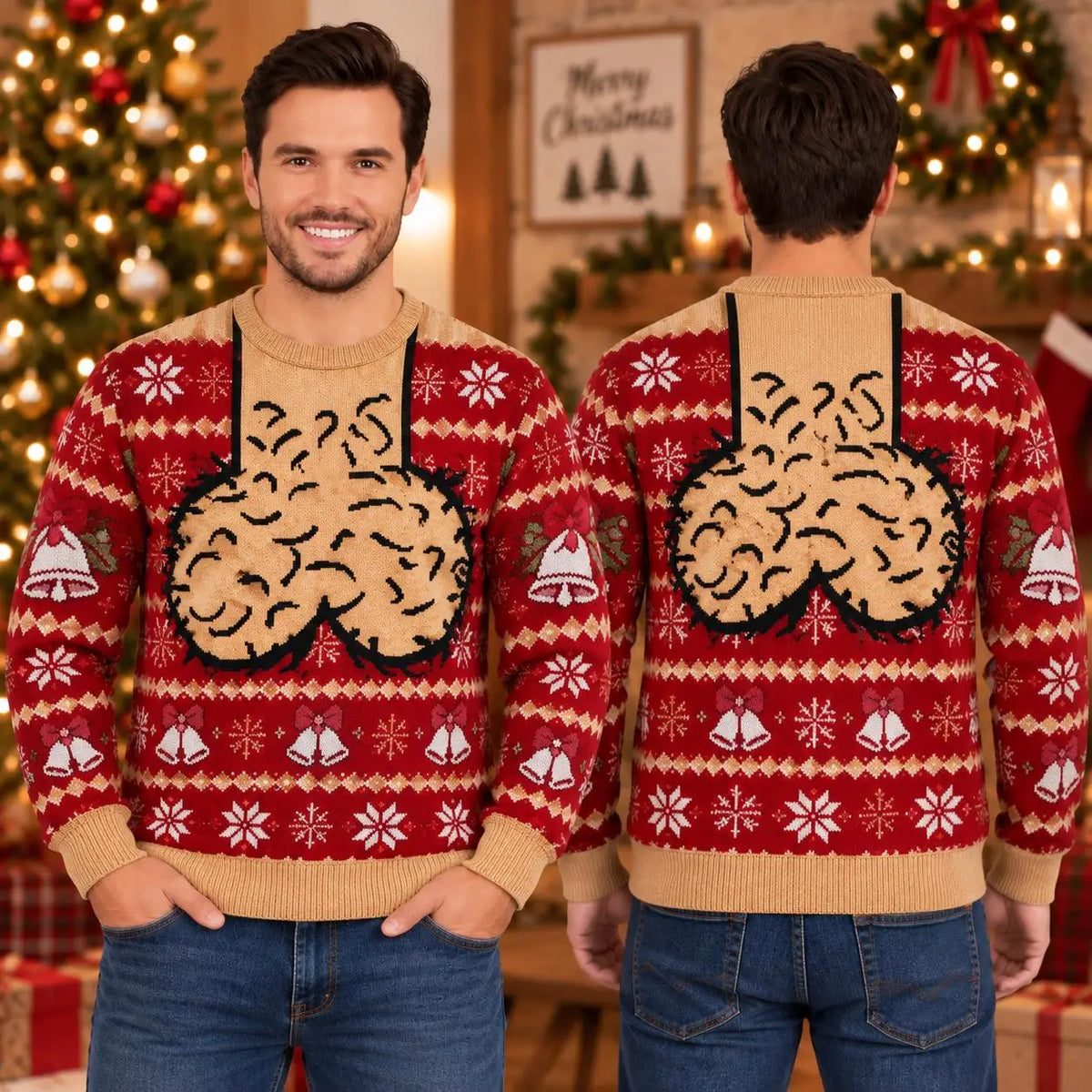 Men Christmas Ugly Shirt Funny Chest Hair Suspender Crew Neck Long Sleeve Snowflake Bell Green Red Blue Xmas Party Gifts