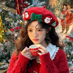 Fashion Christmas Beret Hat Red Green Sweet Christmas Beret Hat Wool Felt Dress Up Xmas Painter Hat New Year Gifts