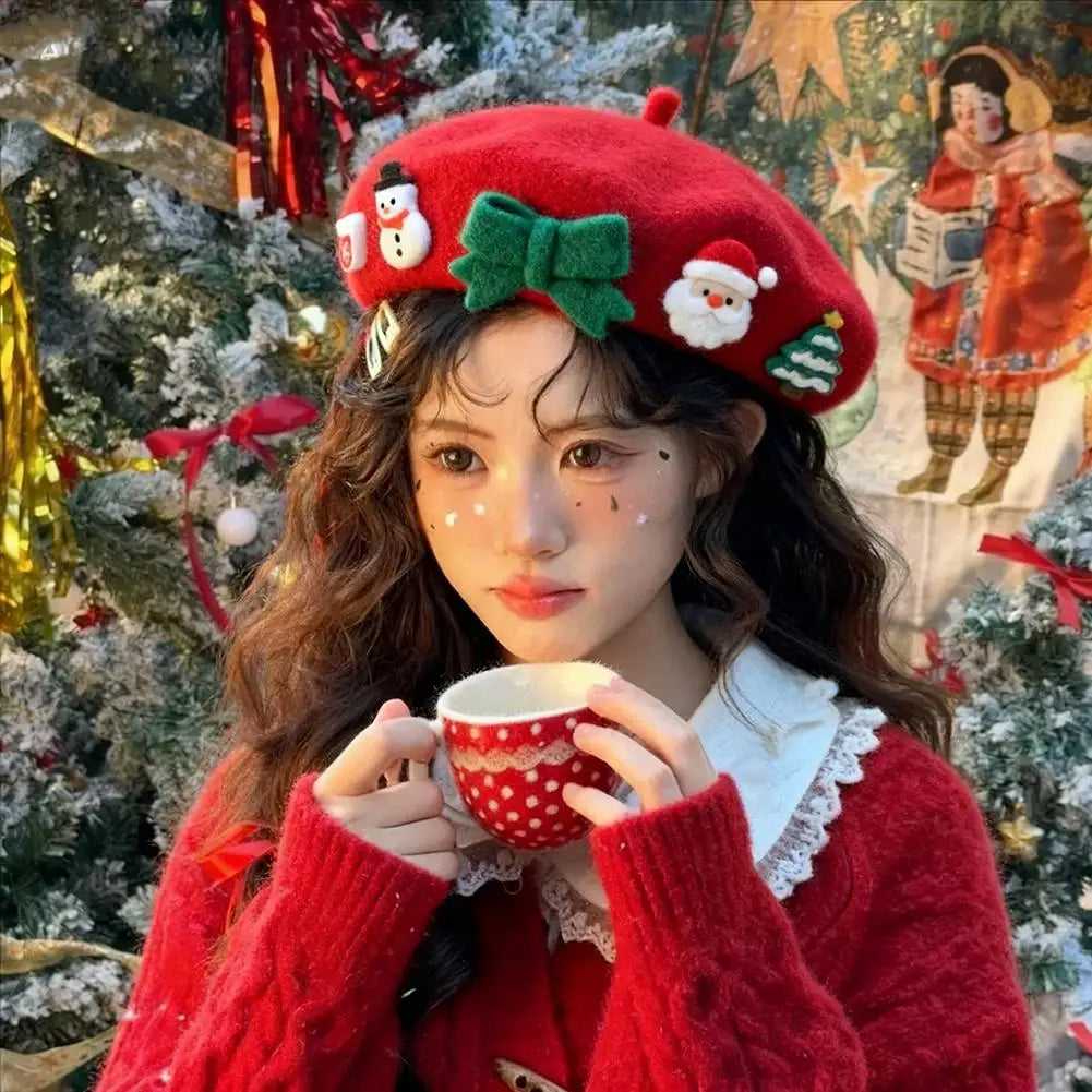 Fashion Christmas Beret Hat Red Green Sweet Christmas Beret Hat Wool Felt Dress Up Xmas Painter Hat New Year Gifts