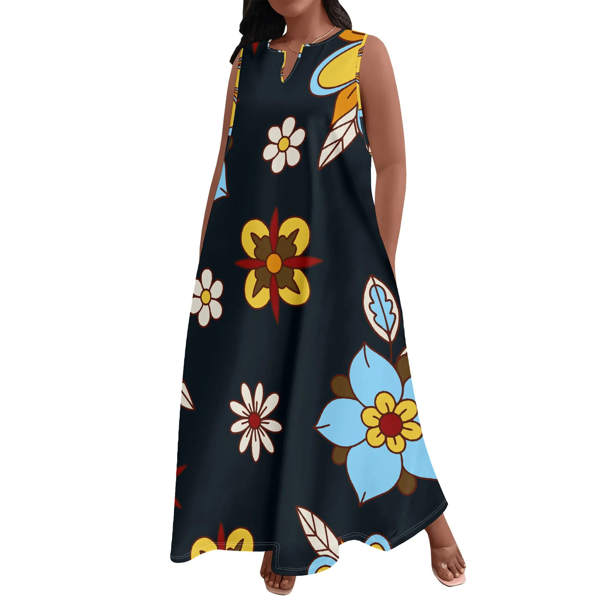 Plus Size Women's  Summerl Fashion Printed  African Style Sleeveless Round V Neck Dress Loose And Casual Dress