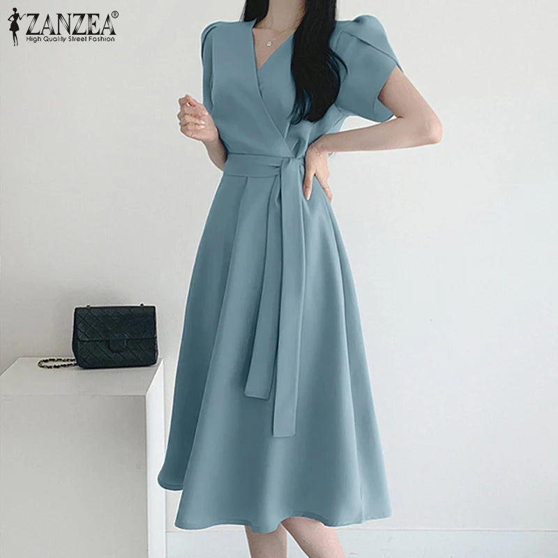Women Fashion OL Work Sundress ZANZEA Elegant Summer Short Sleeve Dress Casual Solid A Line Vestido Kaftan Sarafans Robe Femme