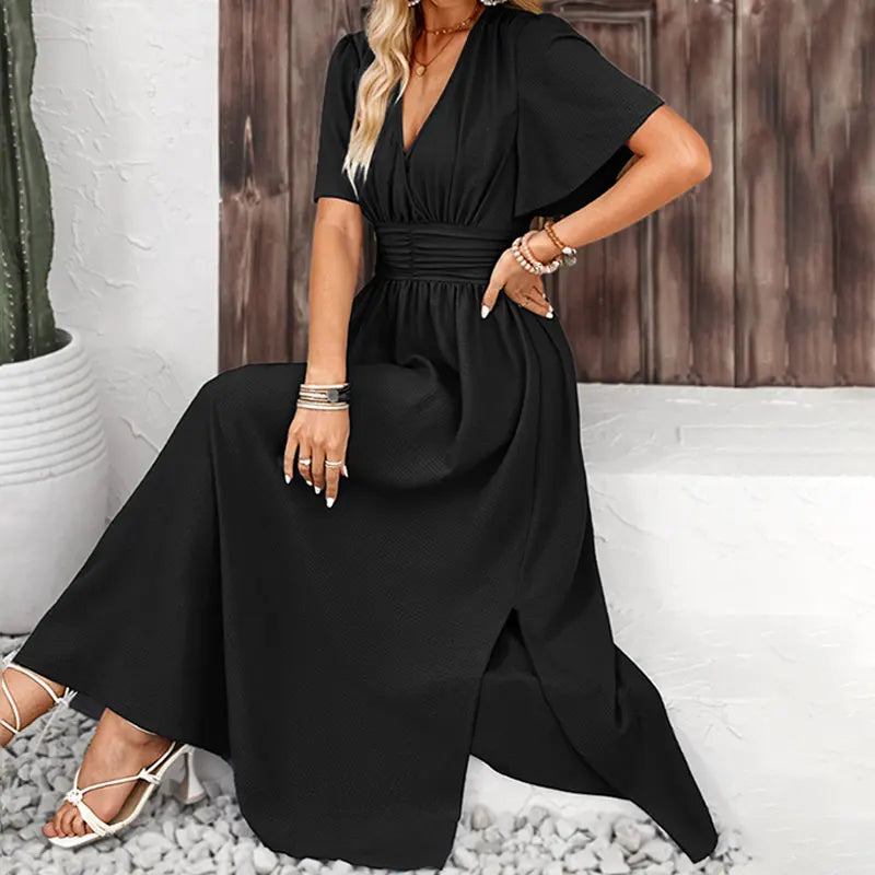 Women Ruffle Solid Pleated Long Dress Chic V Neck Short Sleeved  Black Blue Lace Up Robes Summer Lady High Street Wear Holiday