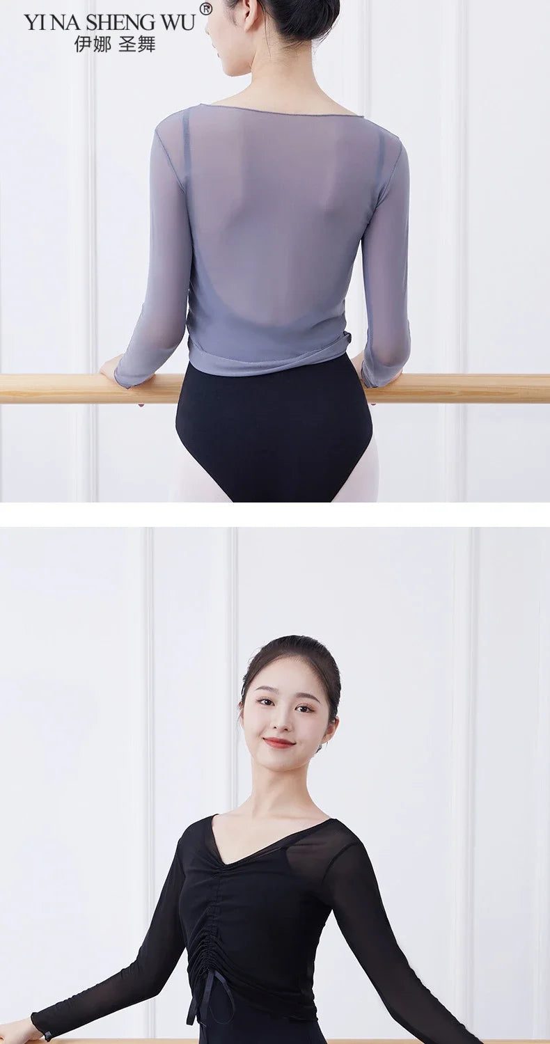Ballet Adult Gymnastics Dance Top Long Sleeve Mesh Tops Women Transparent V Neck Drawstring Dancewear Practice Tops Costumes