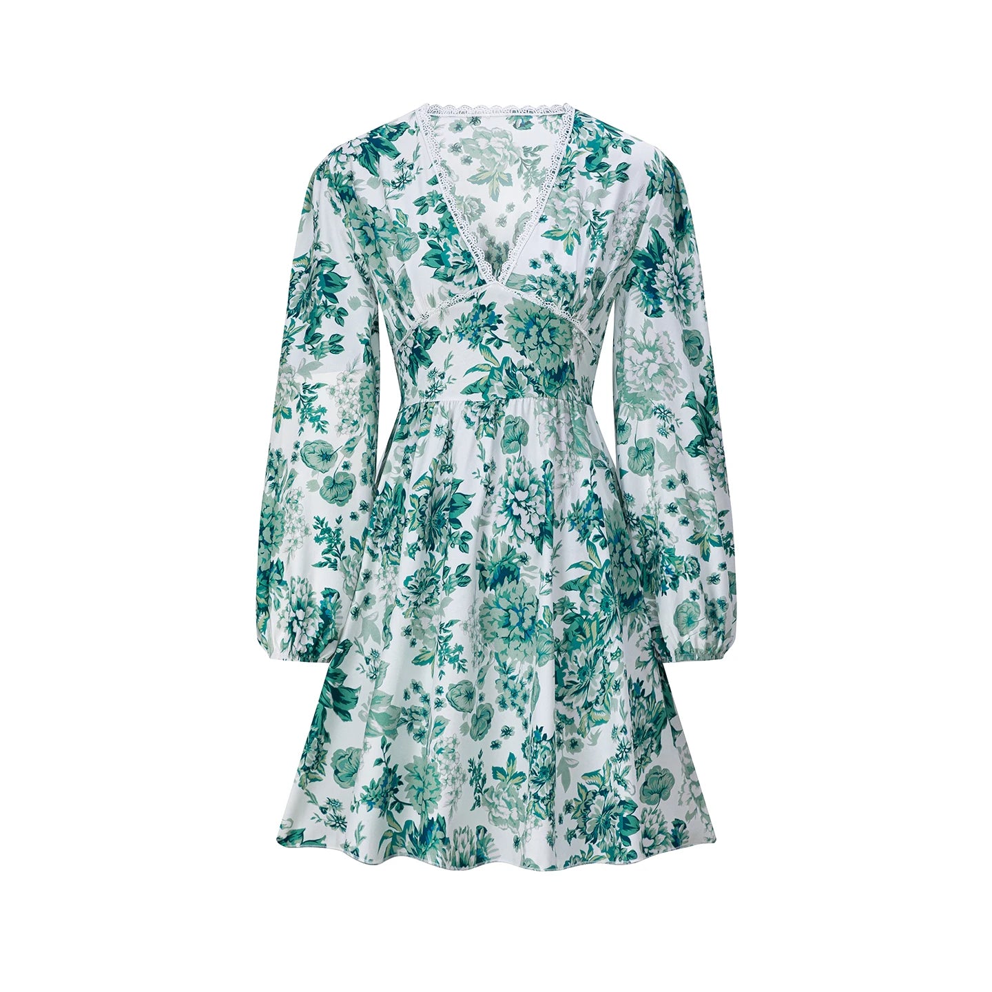 European and American Women's Clothing 206 New Product Lace Lace V-neck Printed Casual Vacation Long Sleeved Dress