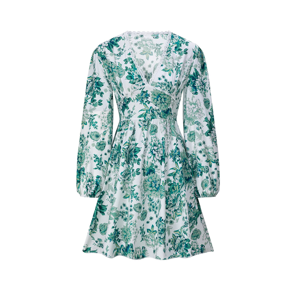 European and American Women's Clothing 206 New Product Lace Lace V-neck Printed Casual Vacation Long Sleeved Dress
