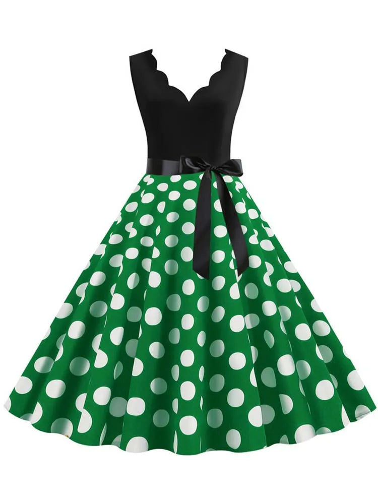 Women Dot Print Dress Summer Sexy V-neck Sleeveless Elegant Vintgae Party Dress Vestidos  S~3XL Robe Femme