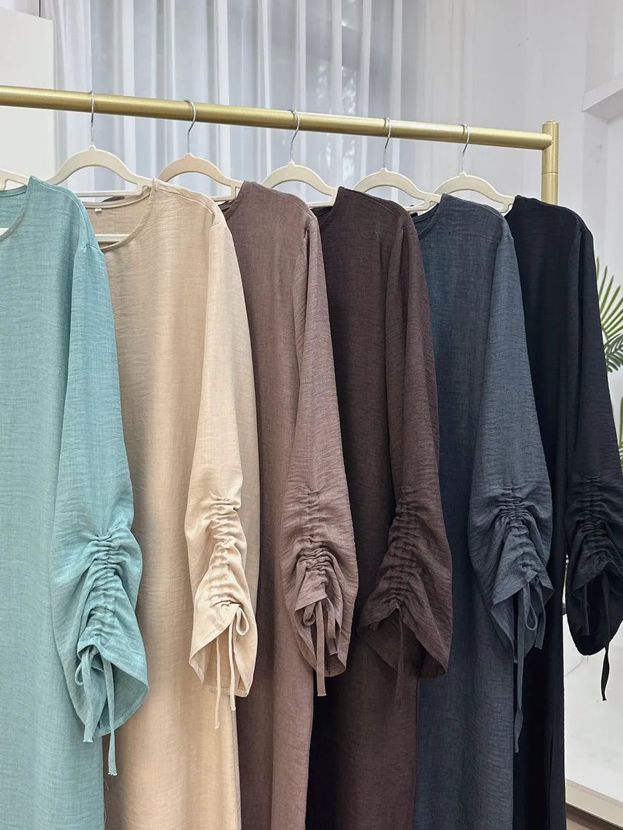 Vestidos Muslim Women Dubai Abaya Drawstring Sleeve Long Dress Kaftan Solid Modest Ramadan Robe Plus Size Femme Islamic Clothing