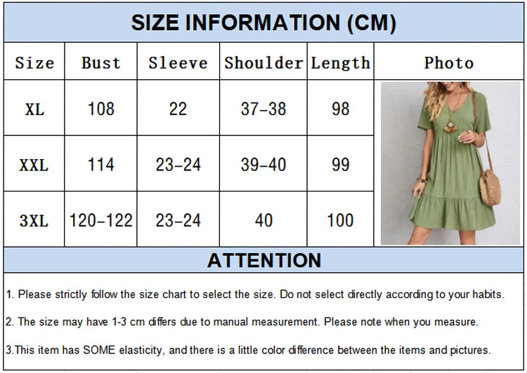 Plus Size Loose A-line Short Sleeve Pleated Women Dress V-neck Solid Color Beach Dresses Elegant Simple Oversize Comfort Clothes