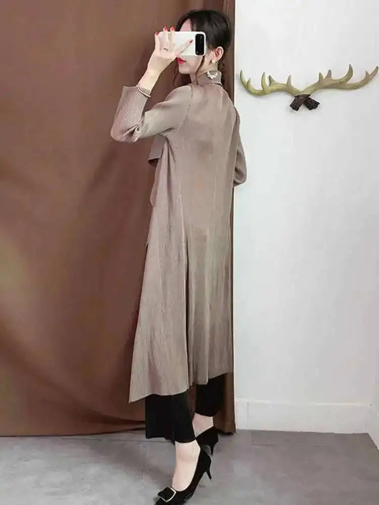 Trench-Coat Femme Plissé LANMREM – Col Revers Ample Cardigan Printemps Été 2025