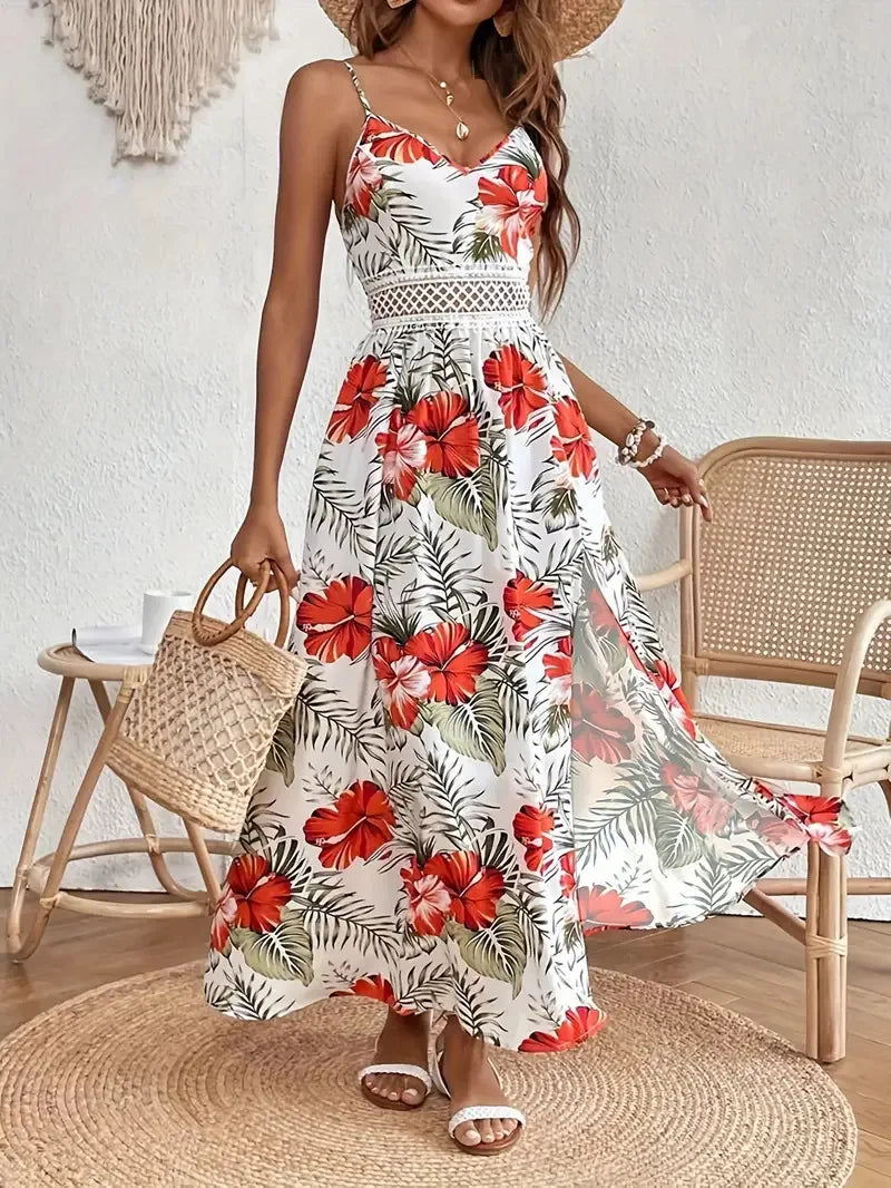 Robe Femmes V-neck Suspender Bohemian Style Fashion Printed Hem Slit Loose Dress Womens Summer New Beach Resort Style Long Skirt