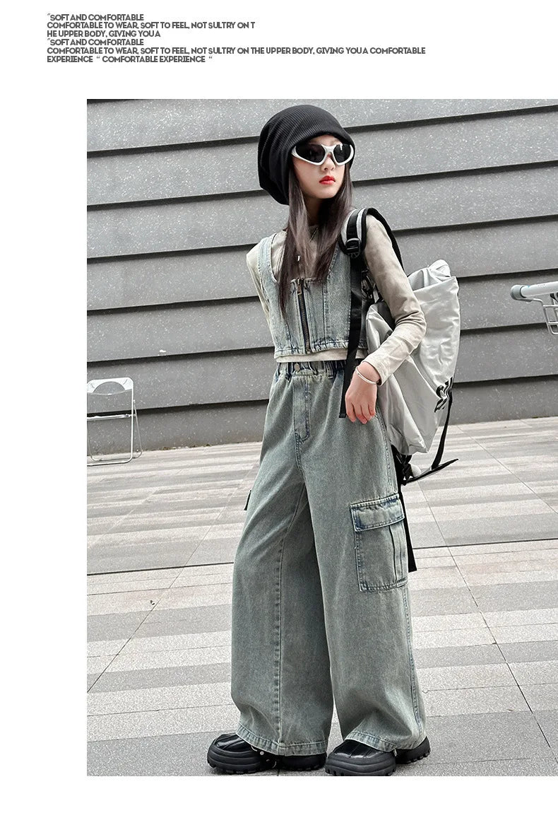 vetement enfant fille denim vest+top t shirt+cargo pants jeans three pcs kids girls clothes sets childer outfits clothing suit