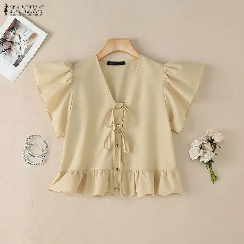ZANZEA Summer Women Tops 2026 Elegant V Neck Short Sleeve Work Shirt Femme Casual Lace -Up Blusas Stylish Ruffled Holiday Blouse