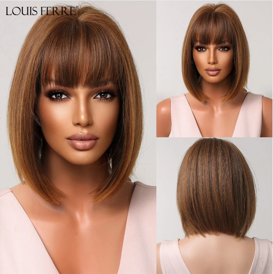 LOUIS FERRE Short Blonde Highlight Brown Bobo Wigs For Women Daily Cosplay Natural Straight Wig High Temperature Synthetic Wigs