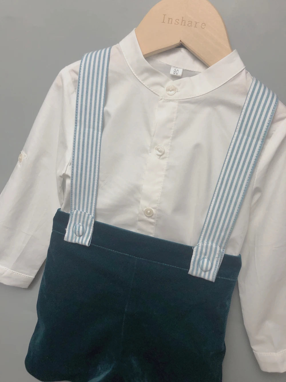 Children's Boutique Clothing Toddler Boys Green Velvet Strap Shorts Suits Cotton Long Sleeve Shirts Siblings Baptism Eid Dresses