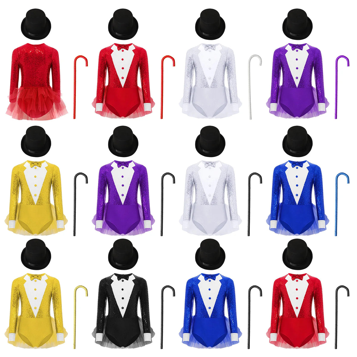 Kids Girls Majorette Leotards Showman Jazz Dance Costume Magician Outfit Tuxedos Bodysuit with Hat And Crutch Sequins Leotard