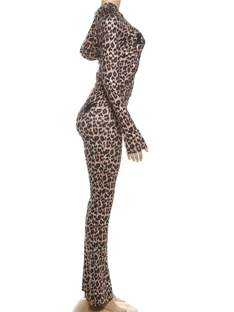 SiSterlinda Hooded 2 Piece Set Women Letter Leopard Zip Jacket+Flare Pants Casual Matching Stretch Sporty Streetwear Tracksuit