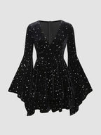 Women's Velvet V-neck Star & Moon  Bell Sleeve Dress