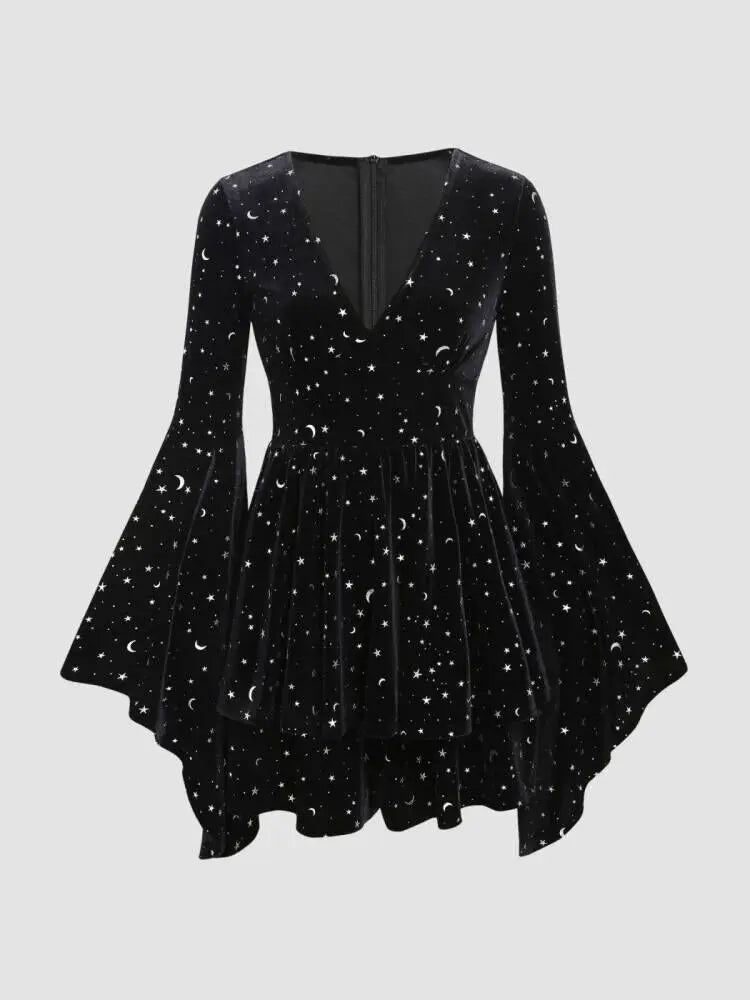 Women's Velvet V-neck Star & Moon  Bell Sleeve Dress