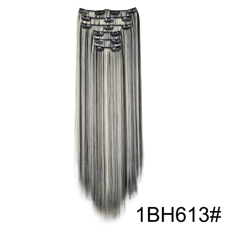 Synthetic 24Inch 16 Clips in Hair Extensions Long Straight Hairstyle Blonde Black Hairpieces Heat Resistant False Hair Daily Use