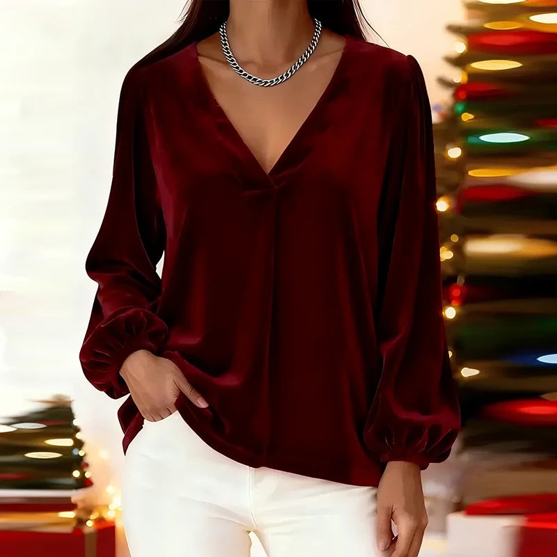 Fashion V Neck Velvet Shirts For Women Casual Long Sleeve Blouses Female Autumn Winter Party Shirt Red Christmas Tops