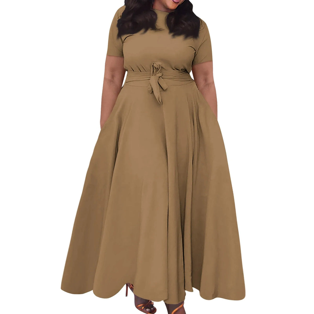 dress for women Casual Fashion Large Size sexy long dresses Solid Color Round Neck dress Short Sleeve Pocket Straps Swing elbise