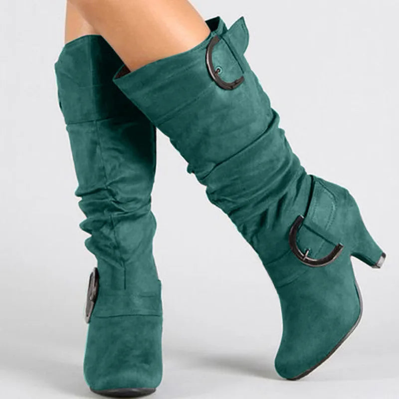 Bottes Cavalier Femme Velours Givré – Talon Aiguille Boucle Printemps Automne