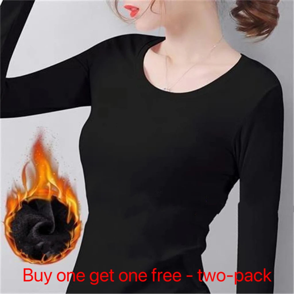 1pcs Women Velvet Thermal UnderwearT-shirt Solid Color V-Neck TShirt Winter Warm Top Female Round Neck Long Sleeve Tee Pullover
