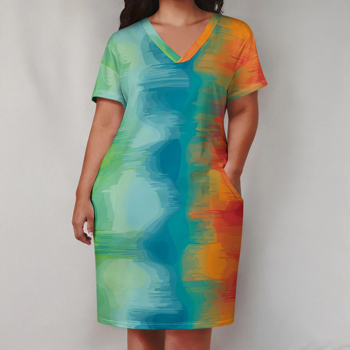 Plus Size Women Casual T-Shirt Dress V Neck Short Sleeve with Front Two Pockets Solid Color Oversize Dresses
