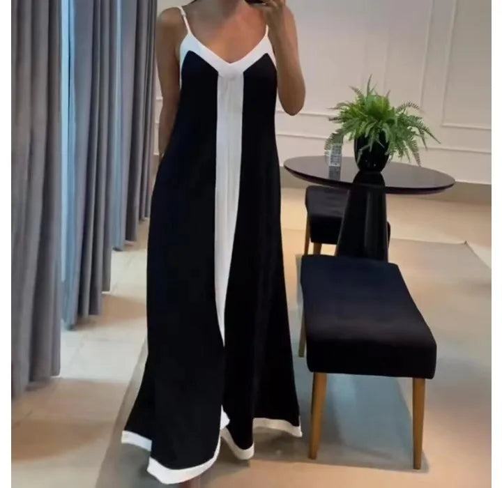 Women's Dress 2024 Summer Women's Clothing Fashion Elegant V-neck Casual Black and White Contrast Sleeveless Loose Long Dresses