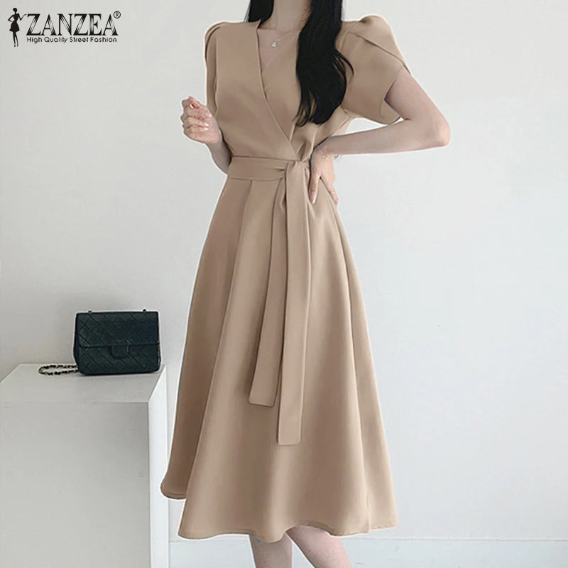 Women Fashion OL Work Sundress ZANZEA Elegant Summer Short Sleeve Dress Casual Solid A Line Vestido Kaftan Sarafans Robe Femme