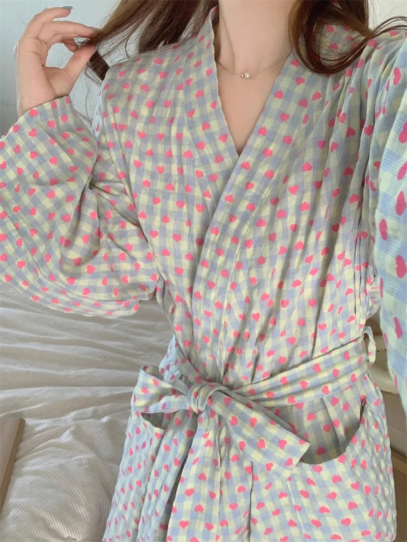 Women's Robe Bathrobe Bathing Love Plaid Loose Long Sleeve Long Kimono Pajamas V-neck Lace Up Trousers Nightgow Sexy Ladies Girl