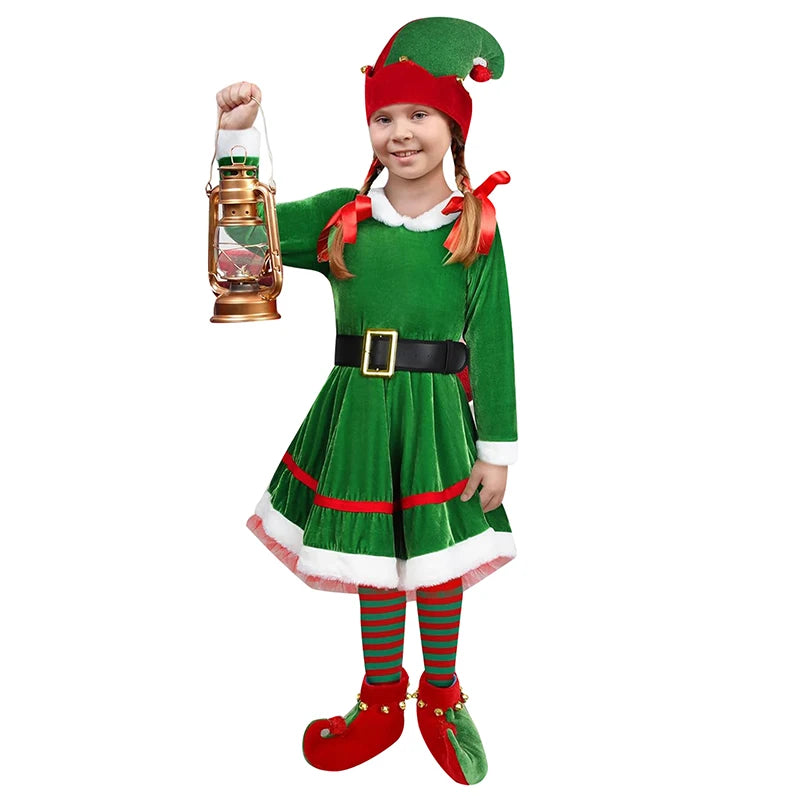 Enfant Christmas Elf Costume Set Velvet Dress Belt Striped High Socks Hat Shoes Xmas Outfit Santa Helper Fancy Dresses 2026