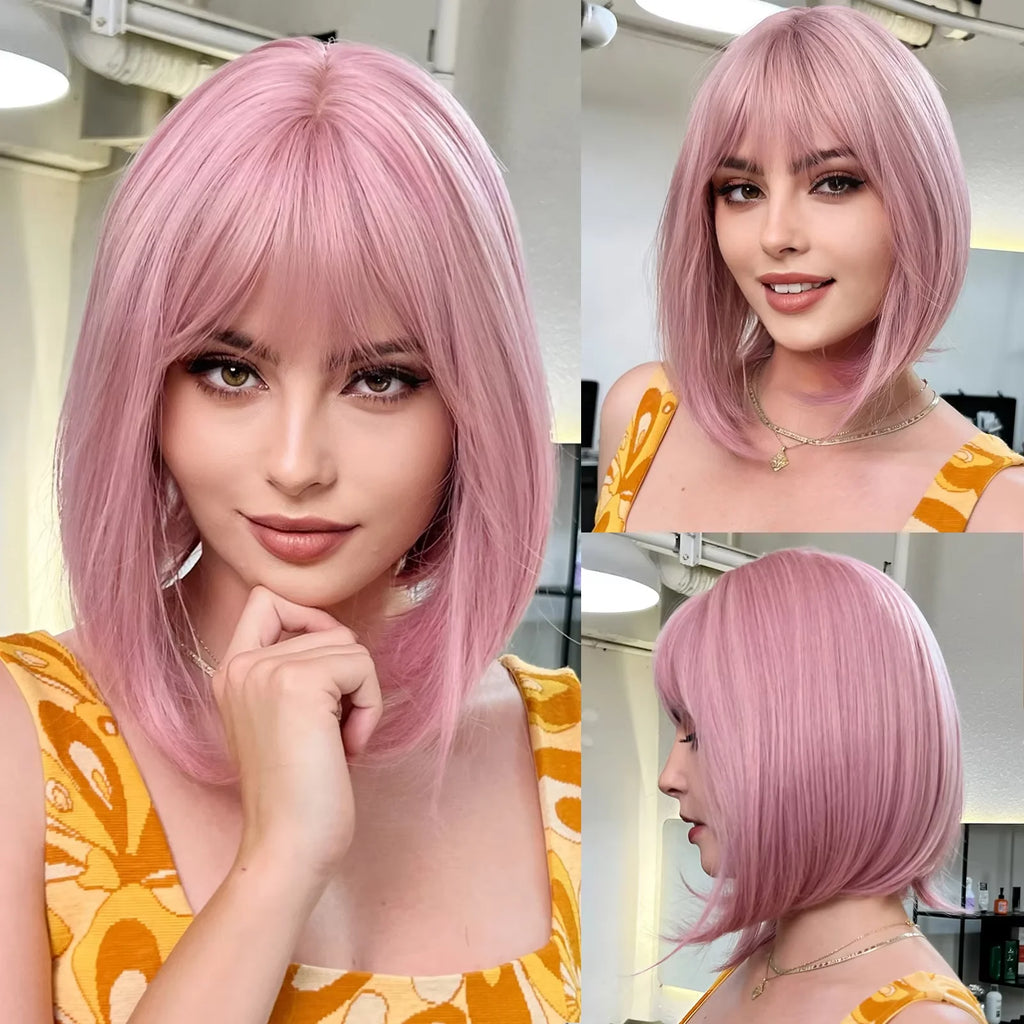 LOUIS FERRE Short Blonde Highlight Brown Bobo Wigs For Women Daily Cosplay Natural Straight Wig High Temperature Synthetic Wigs