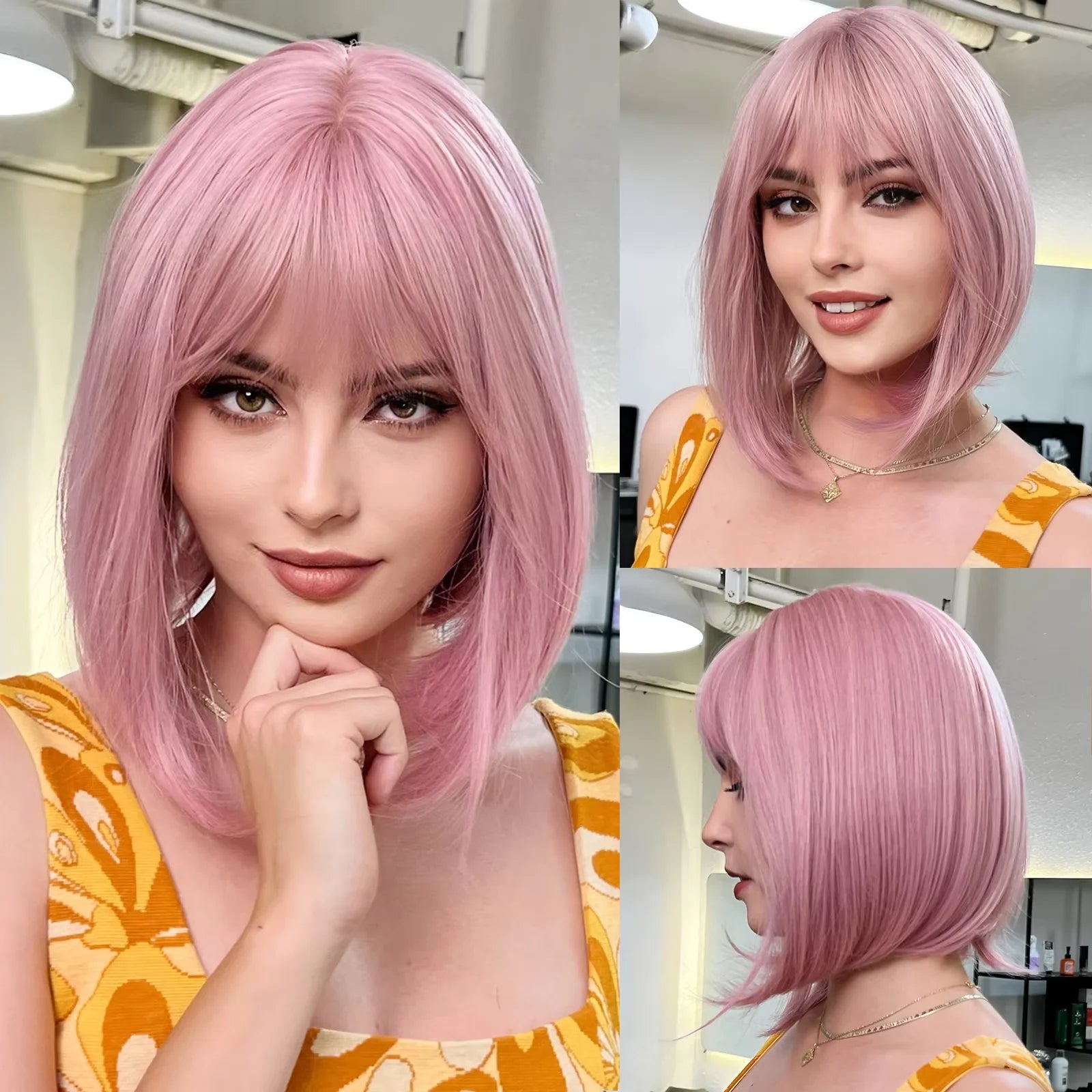 LOUIS FERRE Short Blonde Highlight Brown Bobo Wigs For Women Daily Cosplay Natural Straight Wig High Temperature Synthetic Wigs