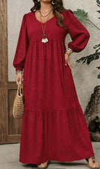 Plus Size Women Solid Textured Dress Stretchy V Neck Lantern Sleeve Loose Tiered Casual Maxi Dress