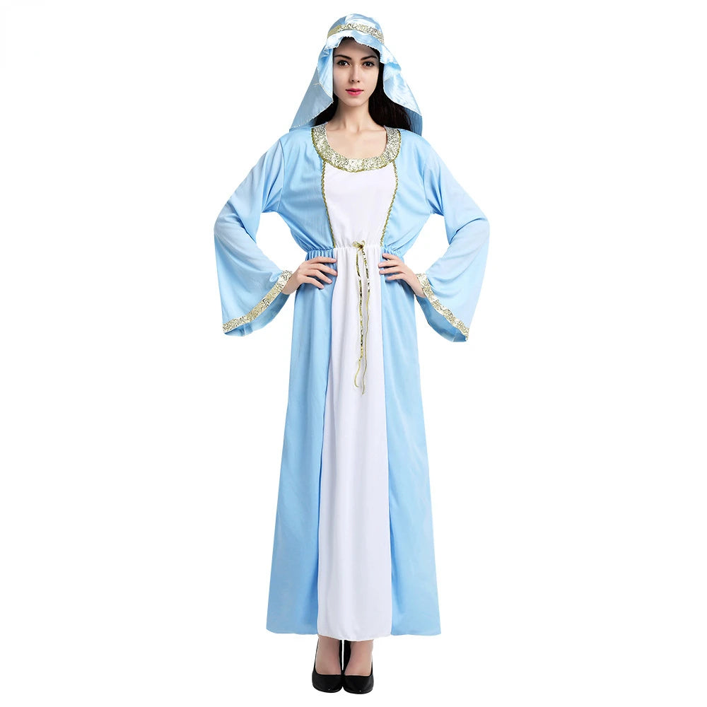Women Men's Chief Arab Girl Arabian Costume Blue White Robe Halloween Cosplay Carnival Fancy Dressed Up