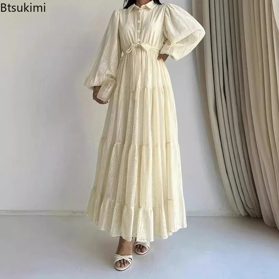 2026 New Women's Fashion Arab Long Robe Lady Party Dresses Spring Autumn Sashes Eid Ramadan Morocco Dubai Kaftan Islam Vestidos