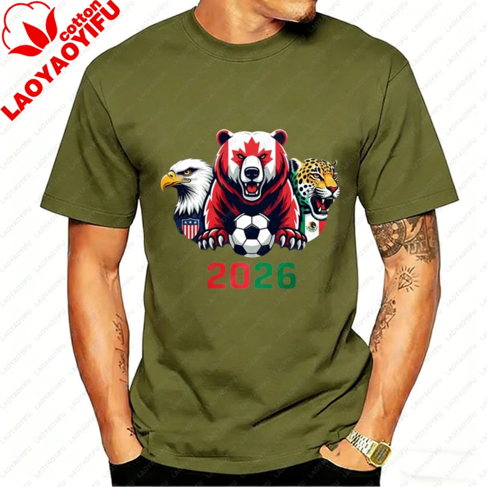 2026 North America Soccer T-Shirt for Men Women Bear Eagle Jaguar Mascot Graphic Tee Short Sleeve Cotton Tops for Football Fans