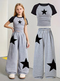 Trendy Items for Girls, Girls' Clothing, 2-Piece Girls' Outfit, Back-To-School Clothing, Star Pattern, Gray Wide-Leg Sweatpants, American Football, Volleyball, Thanksgiving, Halloween Outfits, Christmas Sweatpants, Suitable f