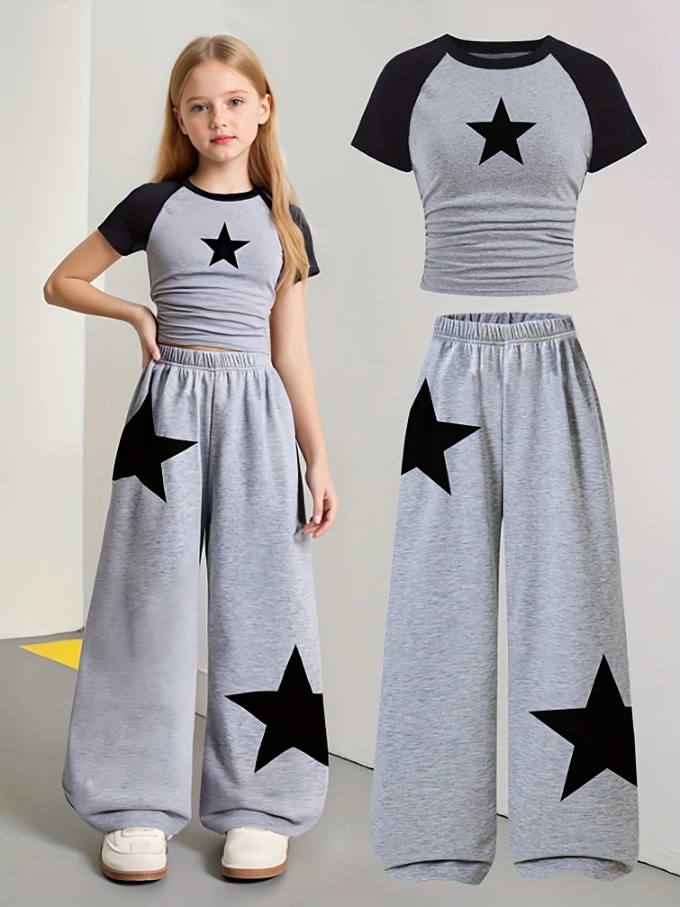 Trendy Items for Girls, Girls' Clothing, 2-Piece Girls' Outfit, Back-To-School Clothing, Star Pattern, Gray Wide-Leg Sweatpants, American Football, Volleyball, Thanksgiving, Halloween Outfits, Christmas Sweatpants, Suitable f