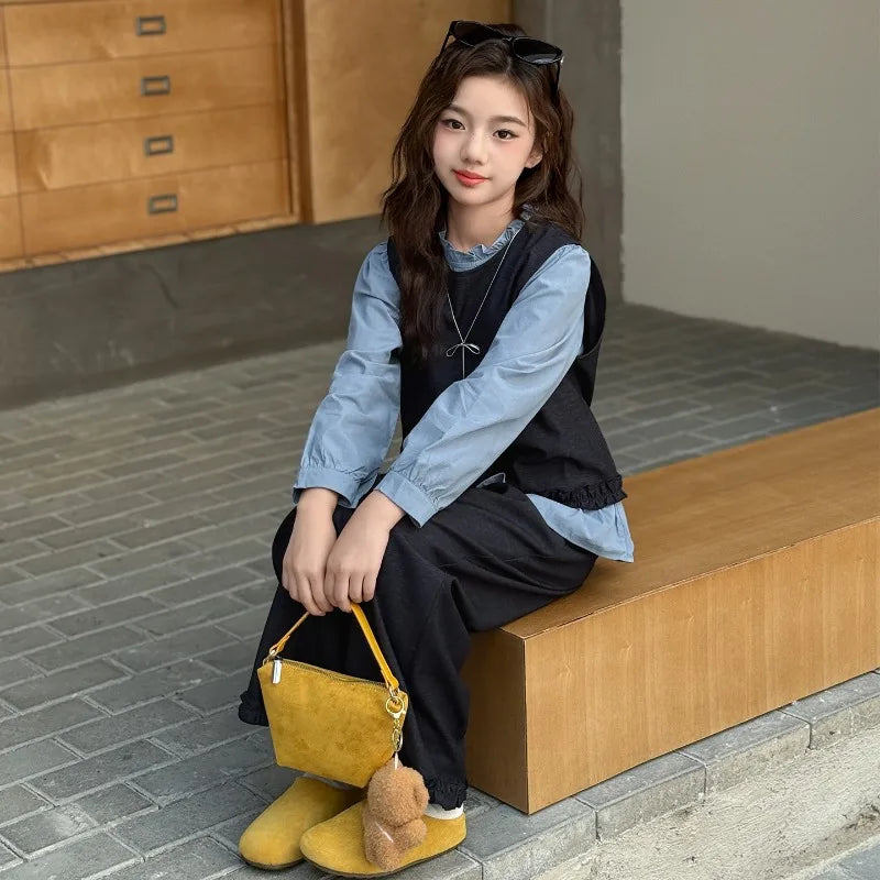 Back To School Clothing for Girls Outfits Set Toddler Kids Vest +Blue Shirt + Pants 3pcs Teens Kids Costumes Spring Autumn 2025