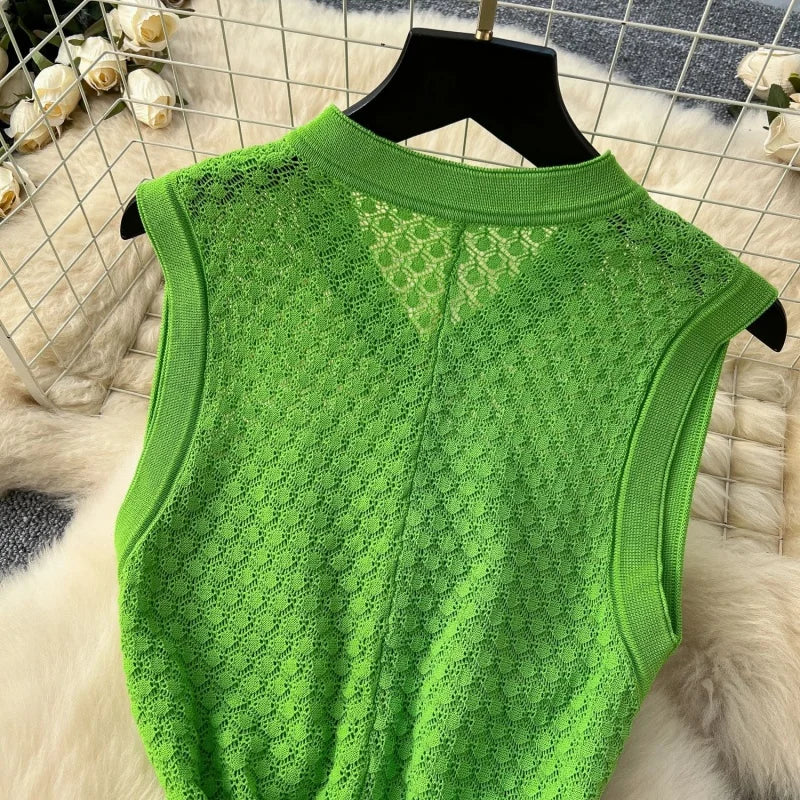 Fashion Knitted Dress Summer Clothes Women Sleeveless Single Breasted Bodycon Long Dresses Vacation Holiday Knitting Dress Robes