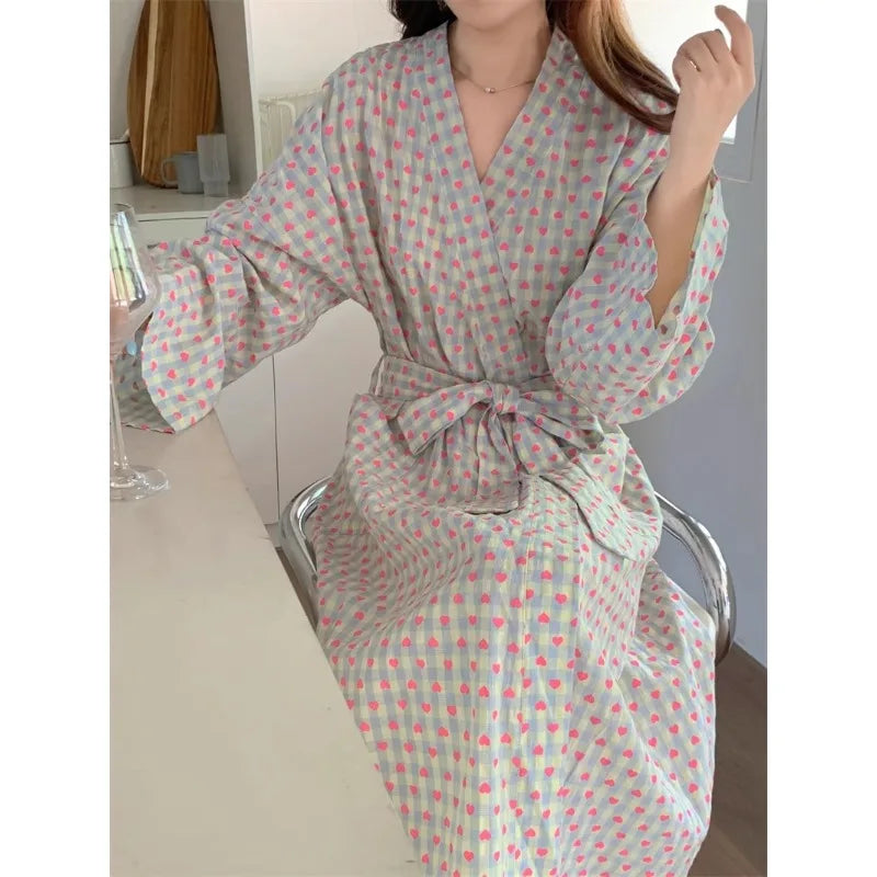 Women's Robe Bathrobe Bathing Love Plaid Loose Long Sleeve Long Kimono Pajamas V-neck Lace Up Trousers Nightgow Sexy Ladies Girl