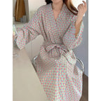 Women's Robe Bathrobe Bathing Love Plaid Loose Long Sleeve Long